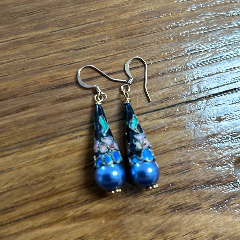 Cloisonné and Pearl Earrings